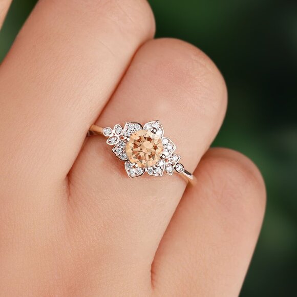 Vintage Style Floral ring - Champagne Citrine, Art Deco Flower Ring - Picture 2 of 2